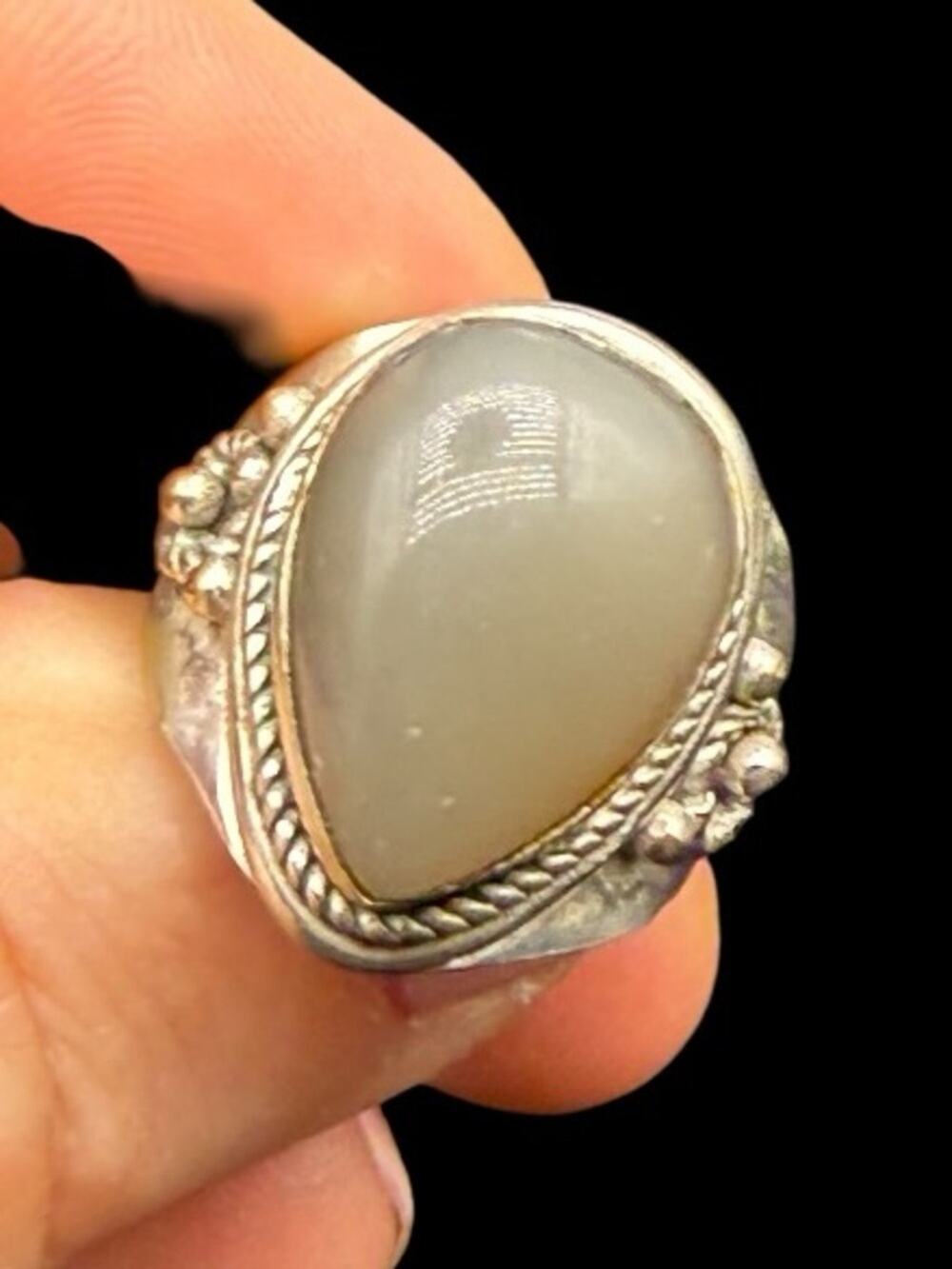 Vintage Sterling Silver Chalcedony Cabochon Boho Statement Ring 7.75